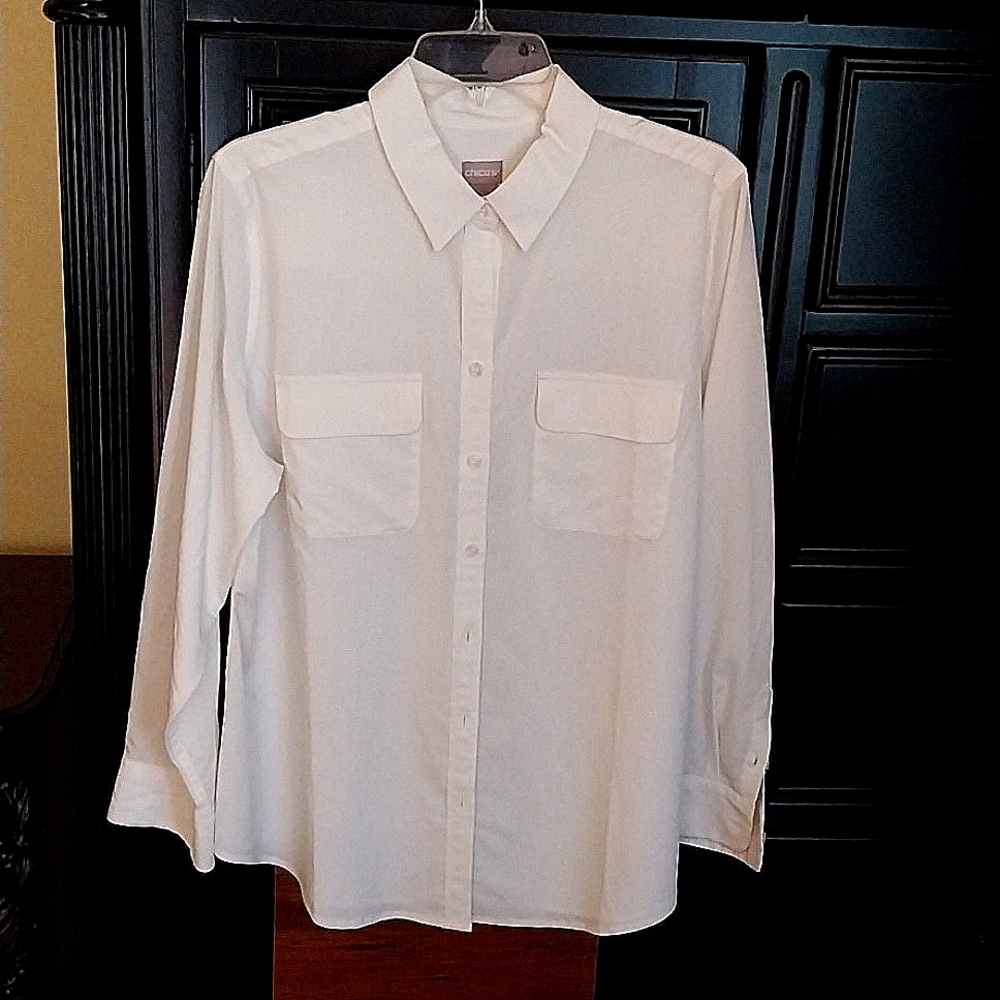 Long Sleeve Soft Neutral Ecru Shirts Chicos Size 10-12